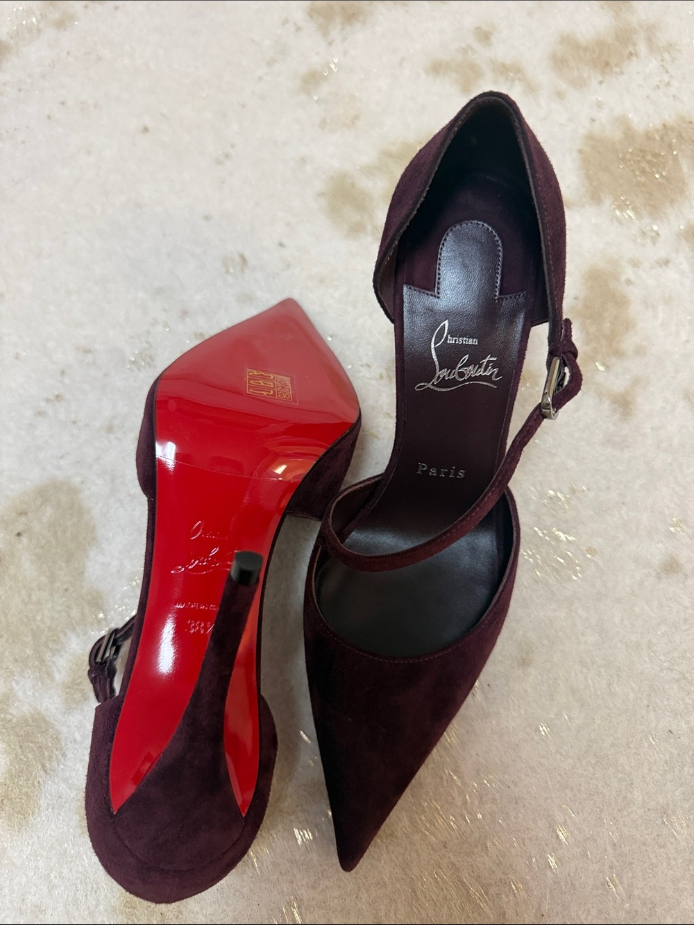 Christian Louboutin Burgundy Suede Pointed-Toe Pumps with Signature Red Sole